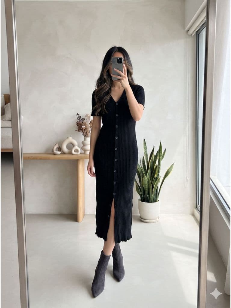 [2hand] Đầm len gân cộc tay đen dài cúc cố định dáng suông size S M
