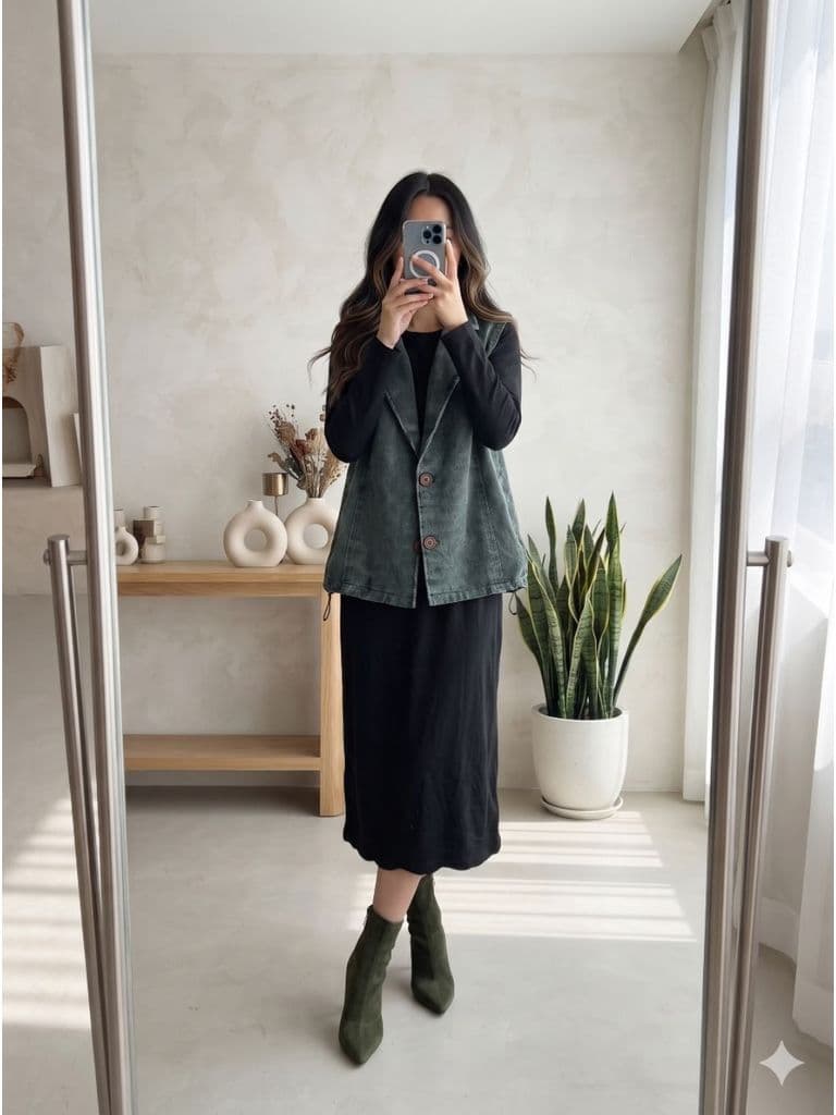 [2hand] Áo ghi lê jean xanh đậm có khoá chun gấu cổ vest freesize đến 2XL