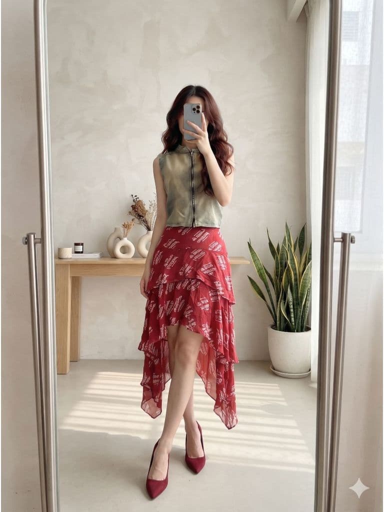 [2hand] Chân váy voan mullet 2 lớp đỏ chữ cạp chun chữ khoá kéo sườn size XS S M nhỏ
