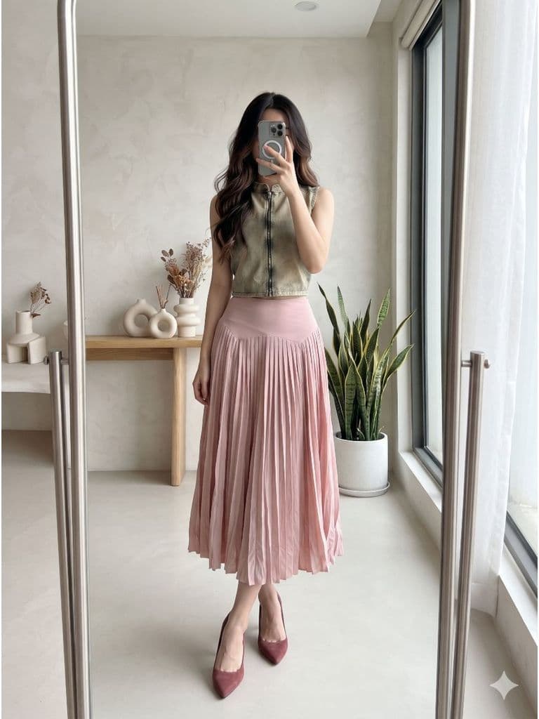 [2hand] Chân váy voan hồng 2 lớp xếp ly kéo khoá sườn size S M nhỏ