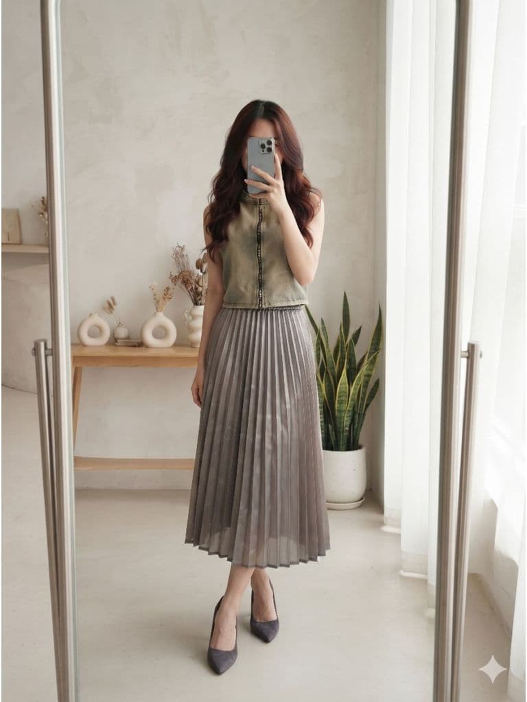 [2hand] Chân váy voan kính xám đồng 2 lớp xếp ly eo chun ký tự size S M nhỏ