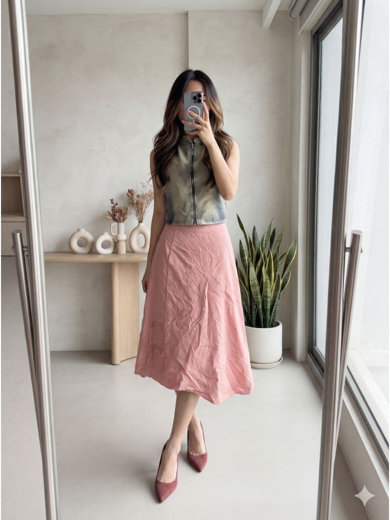 [2hand] Chân váy xô hồng cam kéo khoá sườn trang trí cạnh size M