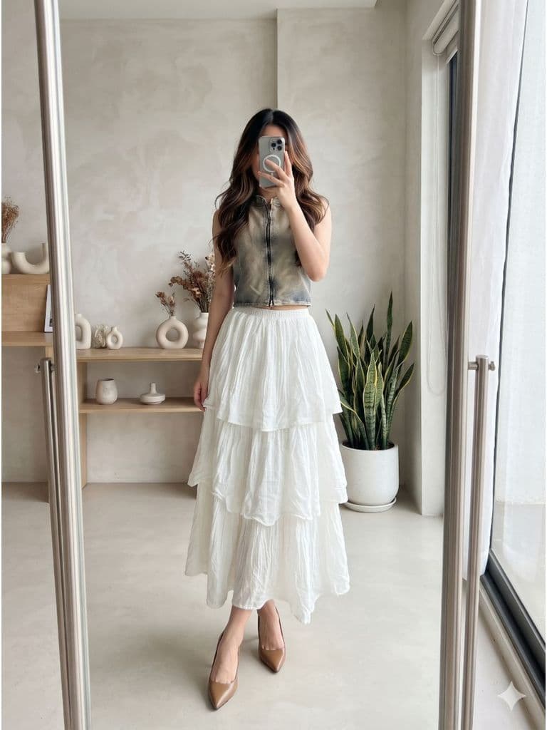 [2hand] Chân váy voan xốp trắng 3 tầng cạp chun freesize đến L