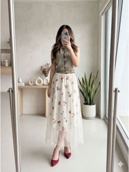 [2hand] Chân váy voan kim sa phối lót thun cherry cạp chun freesize đến XL 1