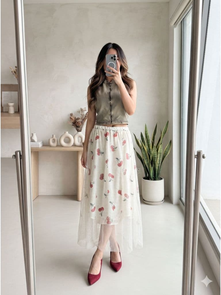 [2hand] Chân váy voan kim sa phối lót thun cherry cạp chun freesize đến XL