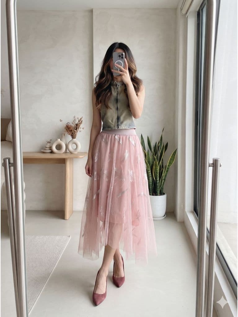 [2hand] Chân váy voan lưới 3 lớp thêu lông vũ hồng sen cạp chun freesize đến L
