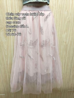 [2hand] Chân váy voan lưới 3 lớp thêu lông vũ hồng sen cạp chun freesize đến L 2