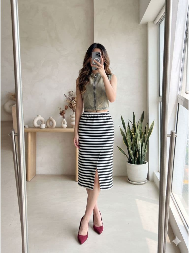 [2hand] Chân váy thun kẻ ngang đen trắng vạt xẻ tà cạp chun freesize đến L