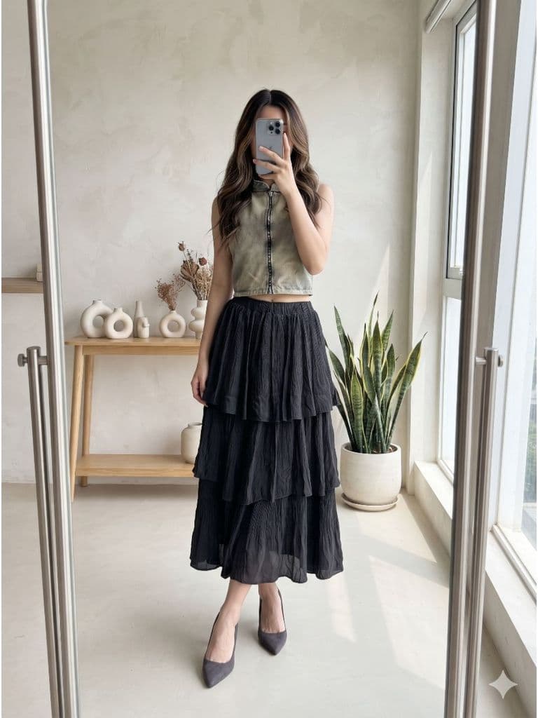 [2hand] Chân váy voan đen tầng eo chun size S M L nhiều mẫu