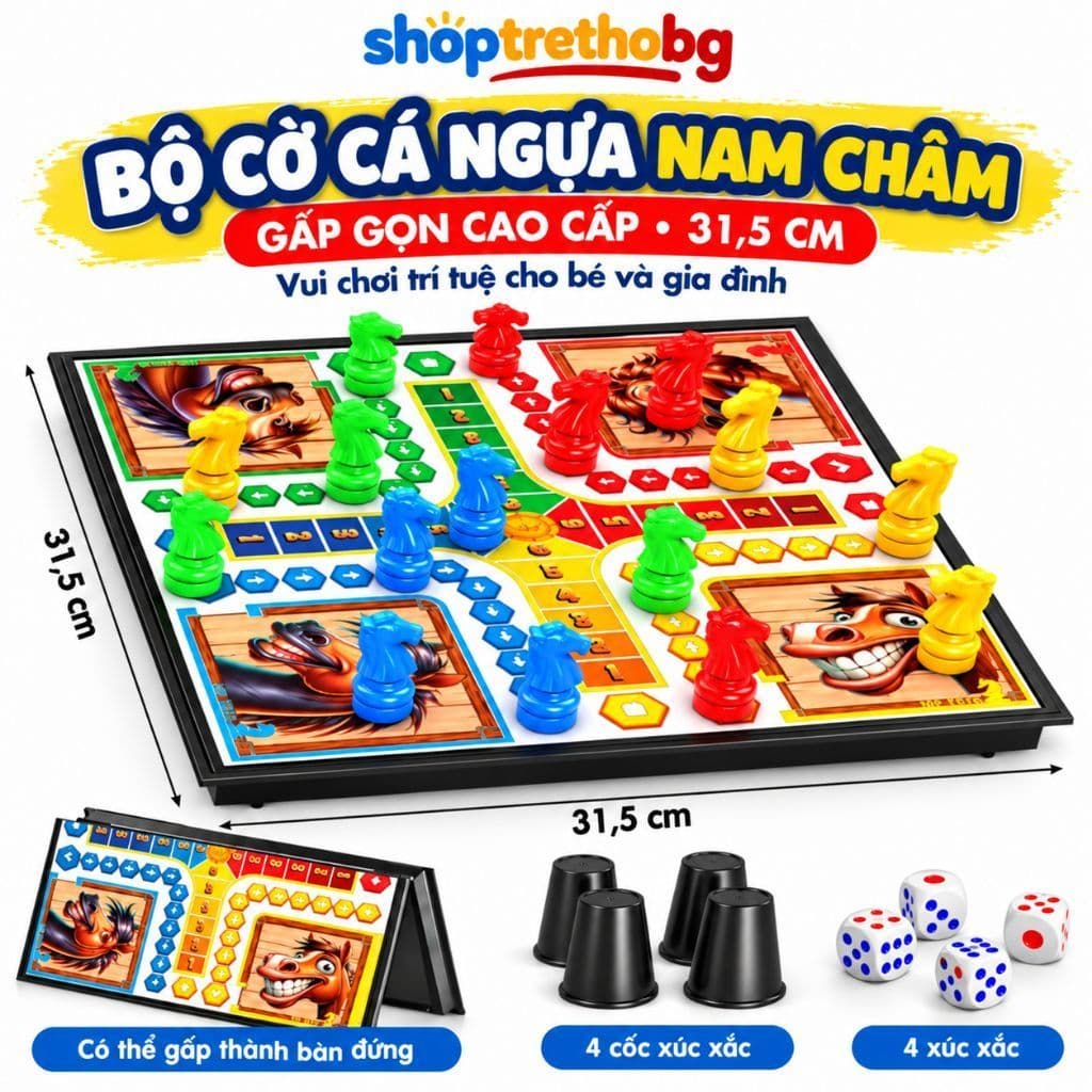 Bộ Cờ Cá Ngựa Nam Châm Gấp Gọn Cao Cấp 31.5cm - Đồ Chơi Bàn Cờ Giải Trí Trí Tuệ Cho Bé Và Gia Đình