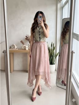 [2hand] Chân váy voan tơ hồng 2 lớp tà dài 2 bên cạp chun freesize đến L 1