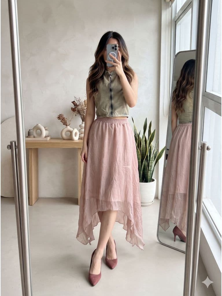 [2hand] Chân váy voan tơ hồng 2 lớp tà dài 2 bên cạp chun freesize đến L