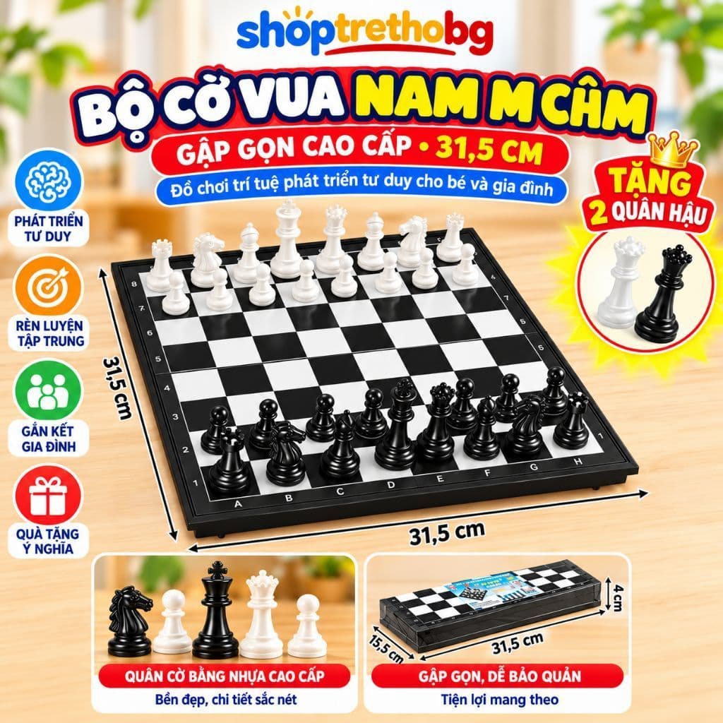 Bộ Cờ Vua Nam Châm Gập Gọn 31.5cm Cao Cấp Tặng 2 Quân Hậu Đồ Chơi Trí Tuệ Phát Triển Tư Duy Cho Bé