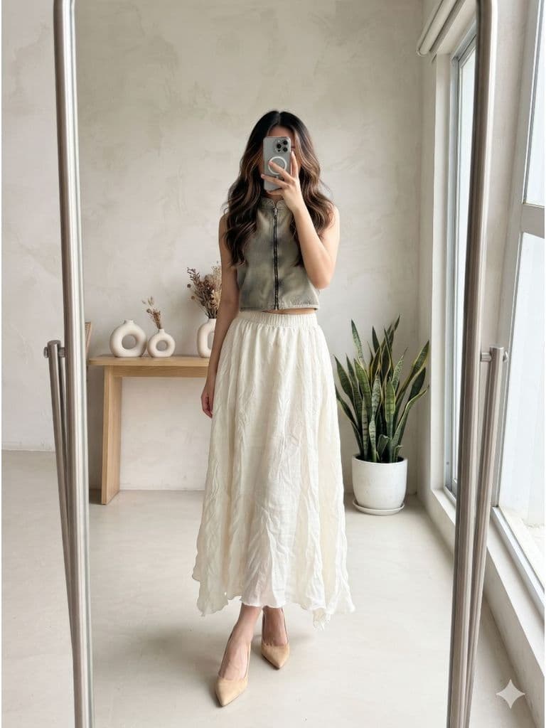 [2hand] Chân váy xô linen kem 2 lớp tà lệch eo chun freesize đến L