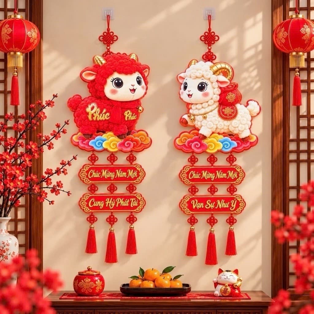 Bộ Đôi Dây Treo Trang Trí Tết 2027 Dán Cửa Hình Dê May Mắn, Phúc Lộc Tài, Câu Đối Chúc Mừng Năm Mới