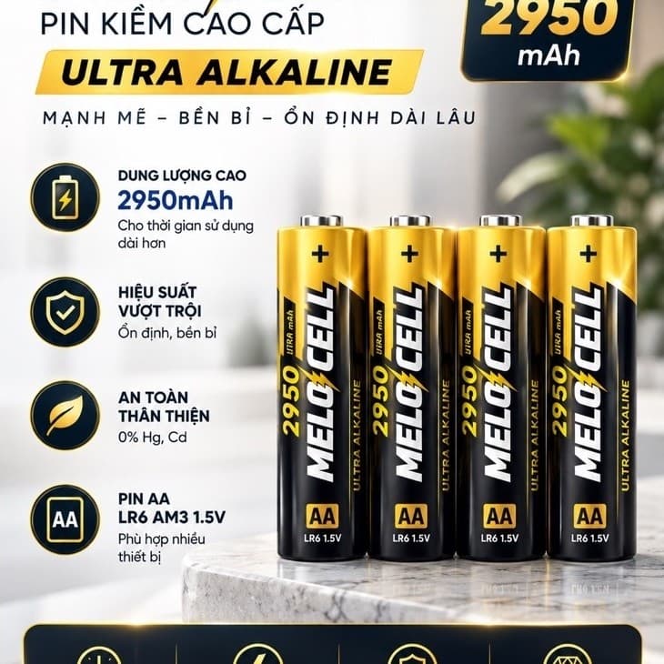 Pin Kiềm Alkaline AA MeloCell 2950mAh cho khoá điện tử vân tay, khóa thông minh, remote, dung lượng hiệu suất cao.