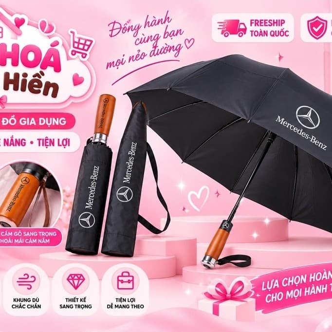 Ô Dù Cầm Tay Cán Gỗ Màu Nâu Phong Cách Mercedes-Benz, Ô Che Mưa Che Nắng Sang Trọng, Quà Tặng Cao Cấp