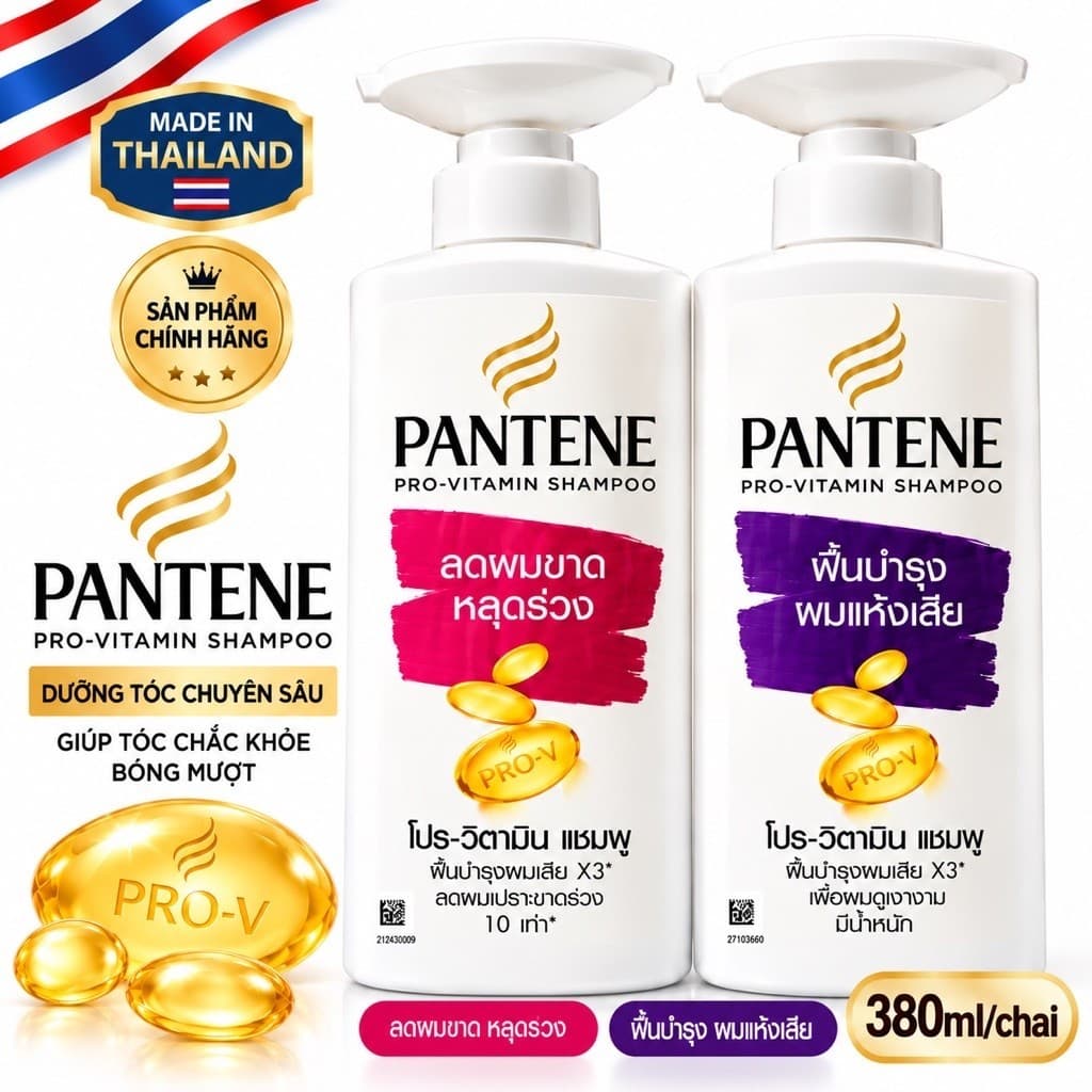 [ CHUẨN THÁI] DẦU GỘI PANTENE PRO-V NỘI ĐỊA THÁI LAN 380ml/chai. TÍM PHỤC HỒI-HỒNG GIẢM TÓC RỤNG