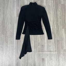 [ Hiền BigSize] Áo Thun Dài Tay Cổ Lọ Nữ Thun Lạnh Co giản Mạnh Ôm Body Vạt Rủ Nhún Eo,Màu Đen Cá Tính Hàn Quốc 2
