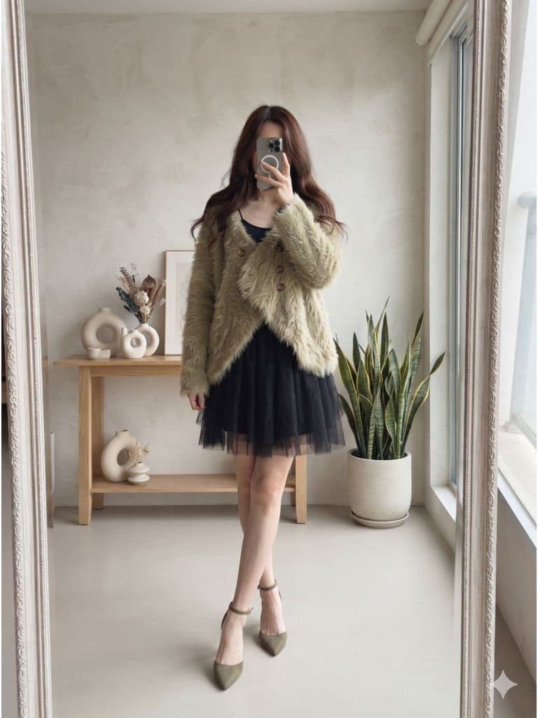 [2hand] Áo cardigan len lông thỏ vạt chéo xanh matcha 6 cúc freesize đến XL