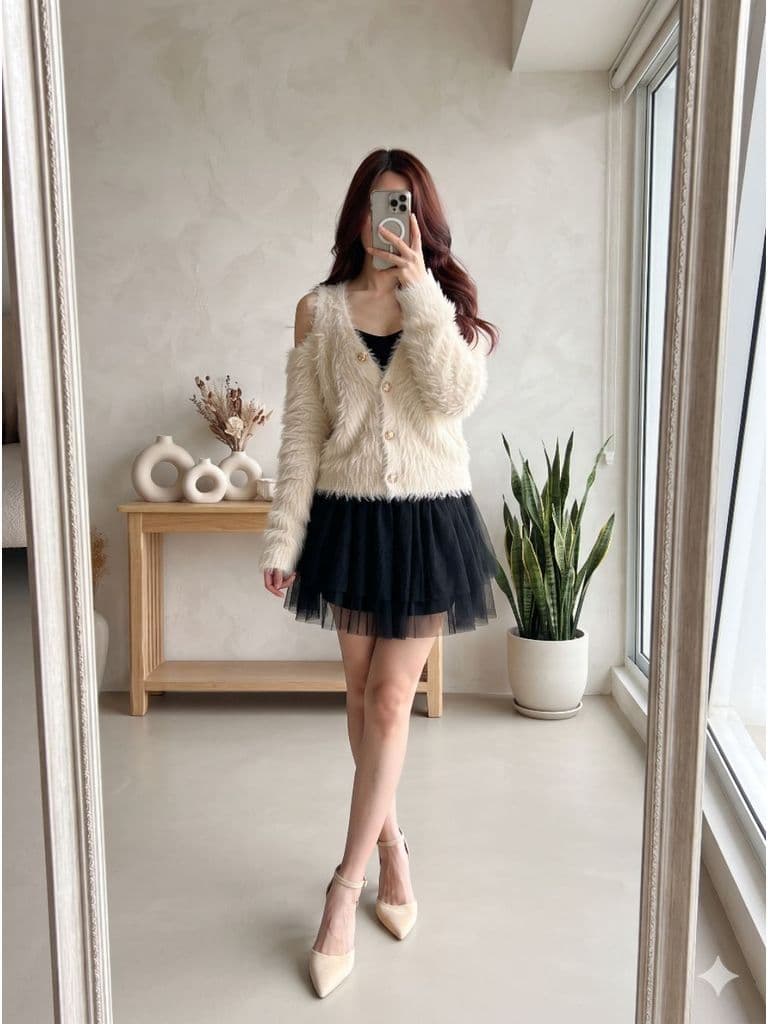 [2hand] Áo khoác len lông thỏ cúc đồng tay dài tháo rời thành gi lê freesize đến XL