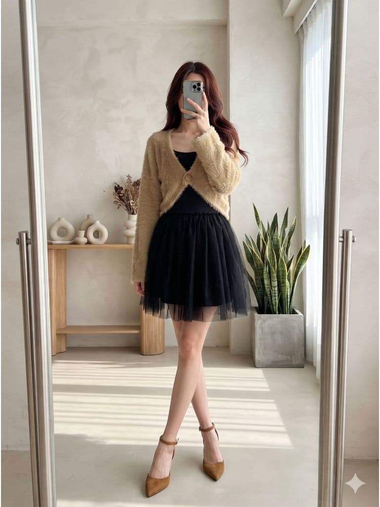 [2hand] Áo khoác len lông thỏ chất đanh nâu dáng croptop 1 cúc freesize đến L