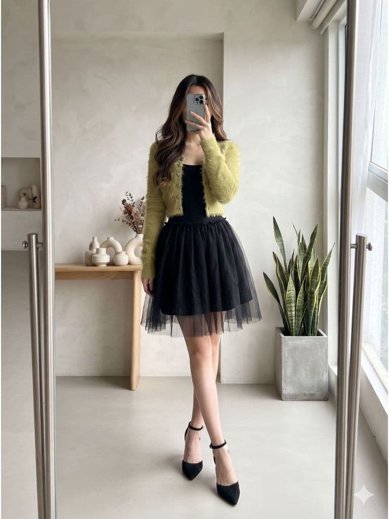 [2hand] Áo khoác len lông thỏ chất đanh xanh nõn form ôm size XS S