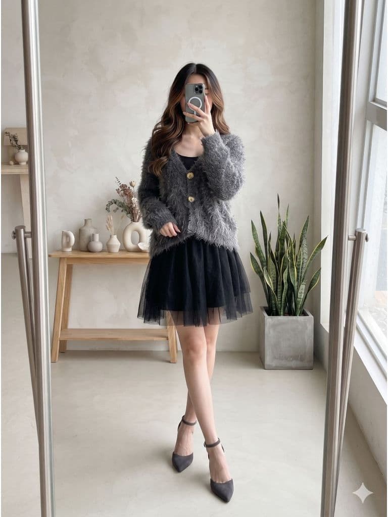 [2hand] Áo cardigan len lông thỏ xám đậm size S M