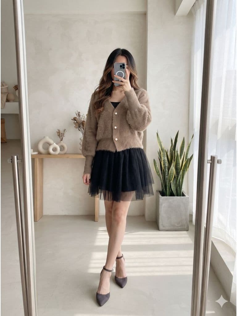 [2hand] Áo cardigan len lông thỏ cúc ngọc nâu freesize đến XL