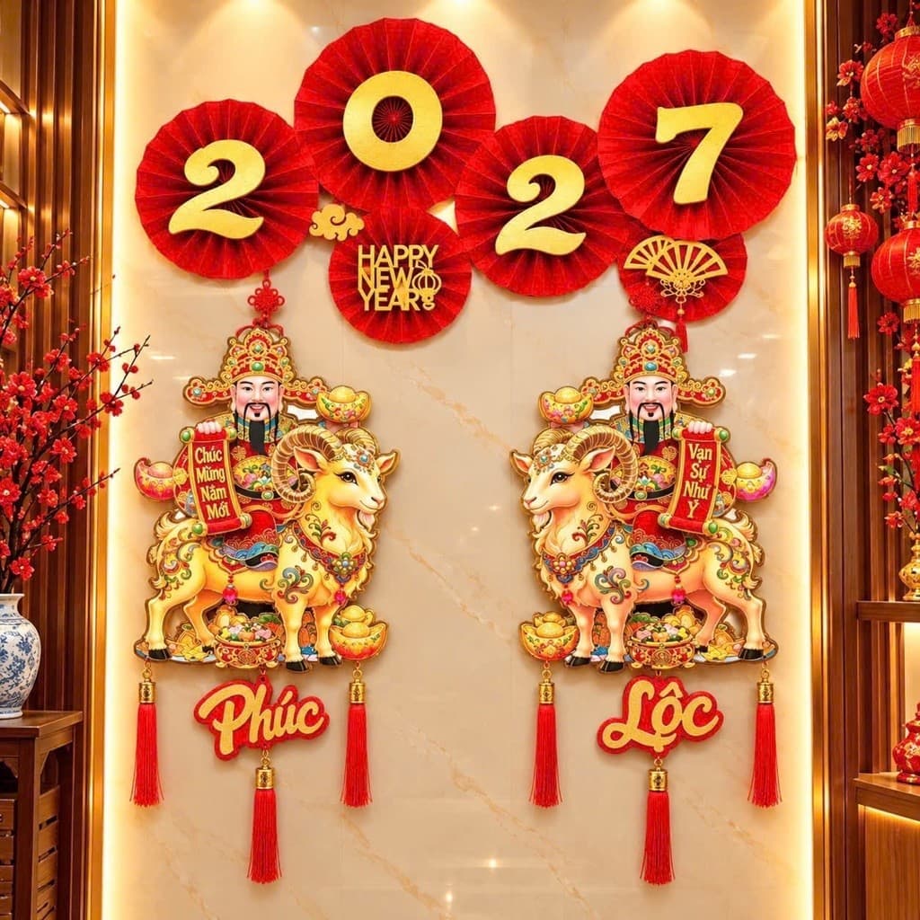 Tranh tường Tết (AL) 2027 Năm Dê chúc mừng năm mới Phúc Lộc treo tường phong cách Trung Hoa