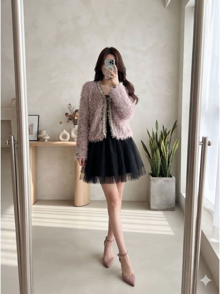 [2hand] Áo khoác ren lông móc cài hồng phấn có lót freesize đến L