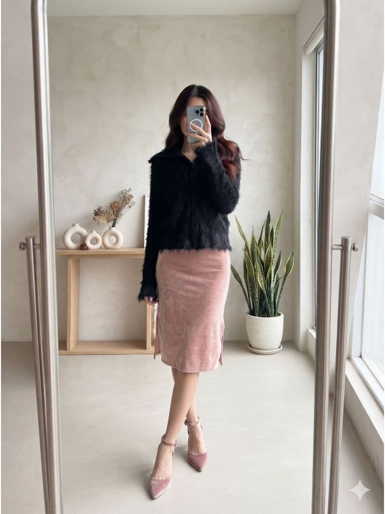 [2hand] Áo khoác len lông thỏ khoá kéo 2 đầu đen cổ bẻ cổ lọ tay loe freesize đến XL
