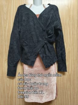 [2hand] Áo len lông thỏ cúc bọc chéo đen có dây buộc trong form thắt eo lông ngắn mềm freesize đến XL 2