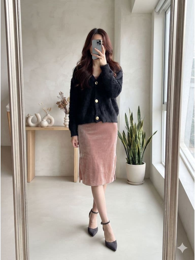 [2hand] Áo cardigan len lông thỏ cúc to đen freesize đến XL