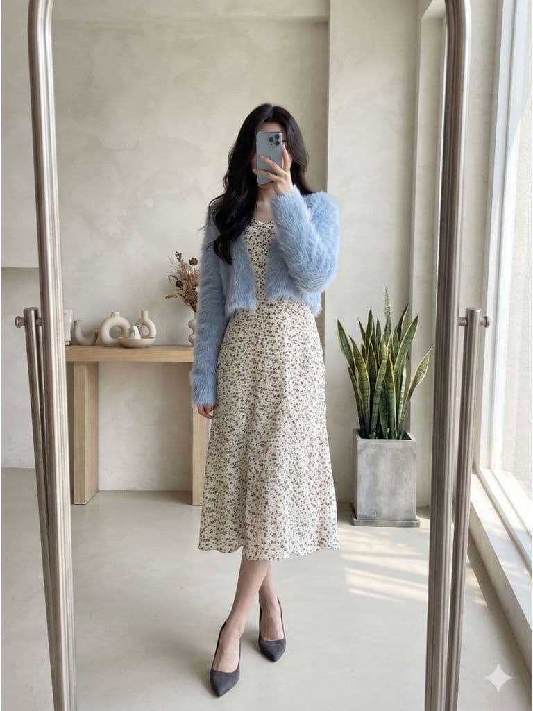 [2hand] Áo choàng croptop len lông thỏ xanh thiên thanh freesize đến L