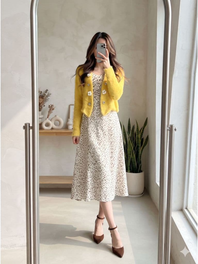 [2hand] Áo choàng croptop len lông vàng cúc chất đanh size S M