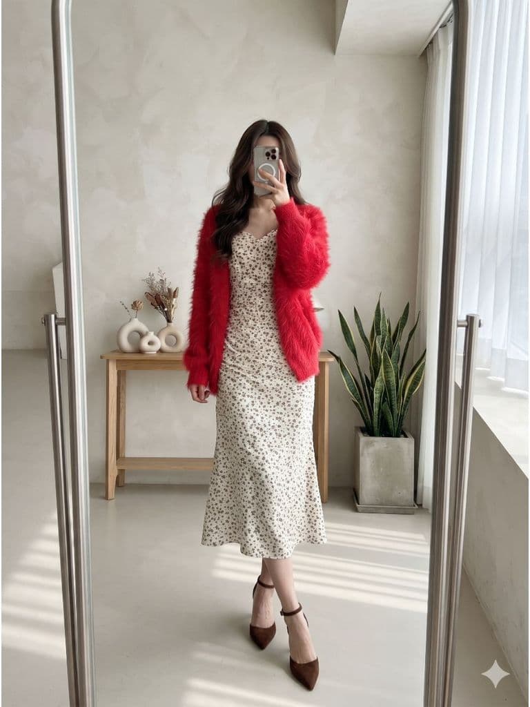 [2hand] Áo choàng len lông thỏ đỏ có túi freesize đến L