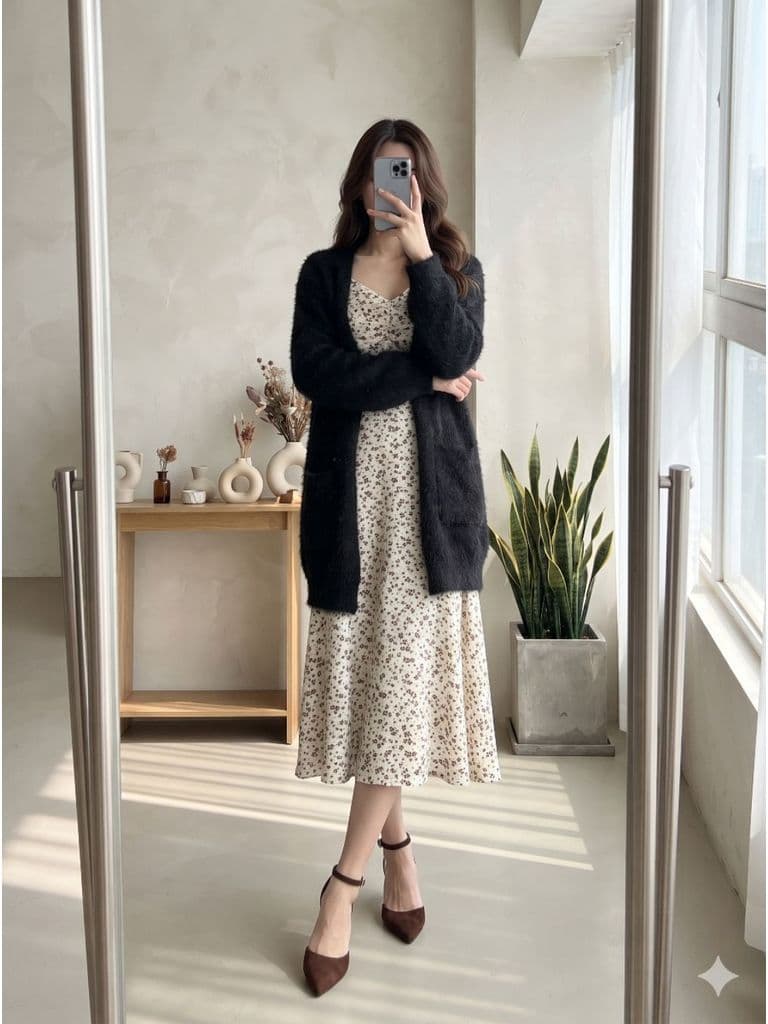 [2hand] Áo choàng len lông dáng dài đen bling có túi freesize đến XL