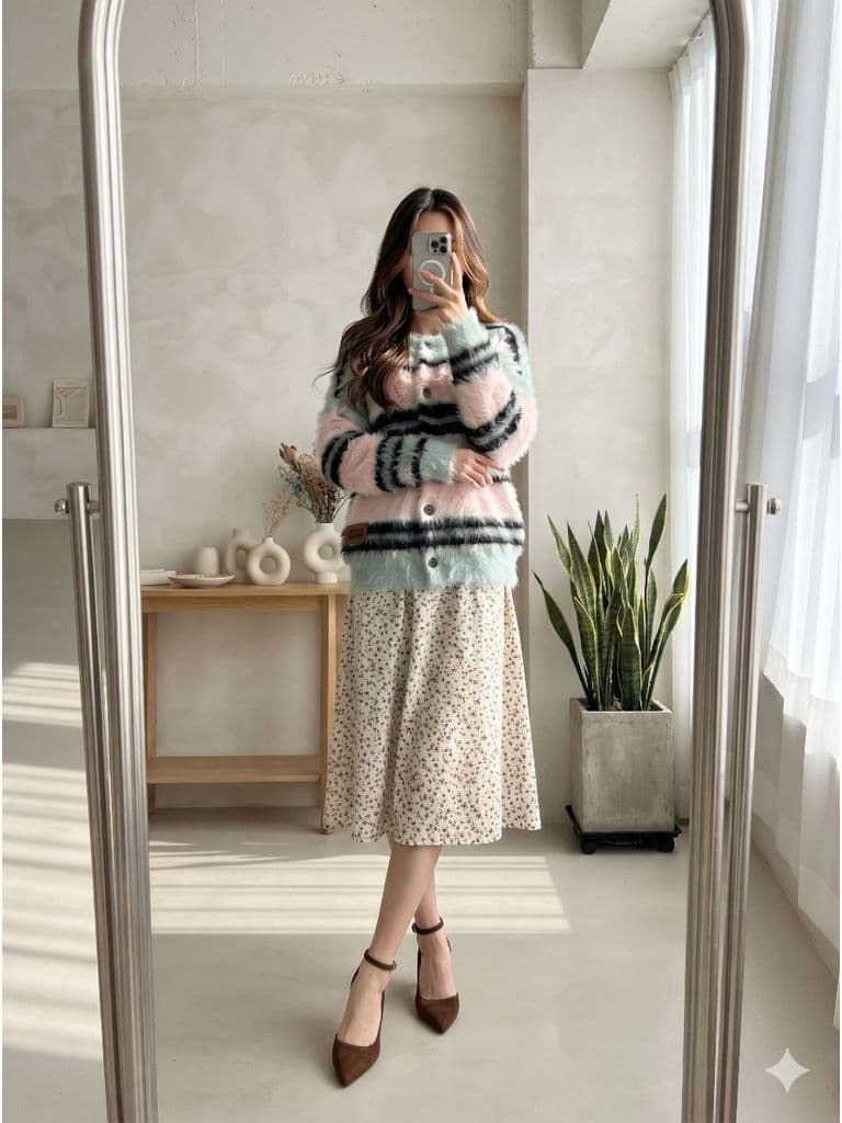 [2hand] Áo cardigan len lông thỏ kẻ ngang mix màu freesize đến L