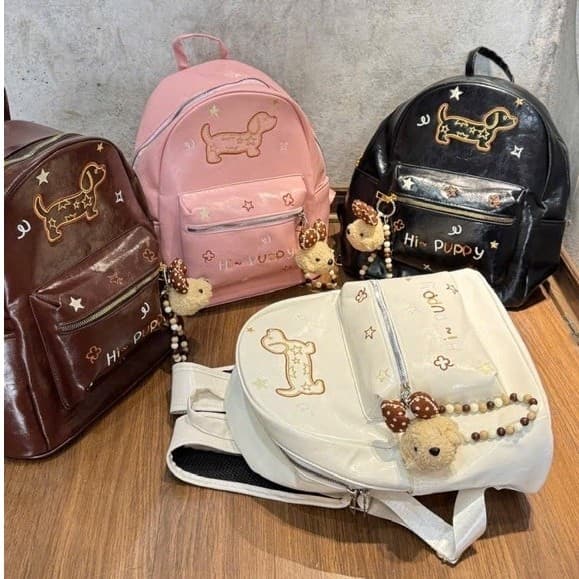Balo Nữ Dễ Thương Họa Tiết Cún Puppy, Charm Gấu Bông, Nhiều Ngăn Phong Cách Hàn Quốc Thời Trang