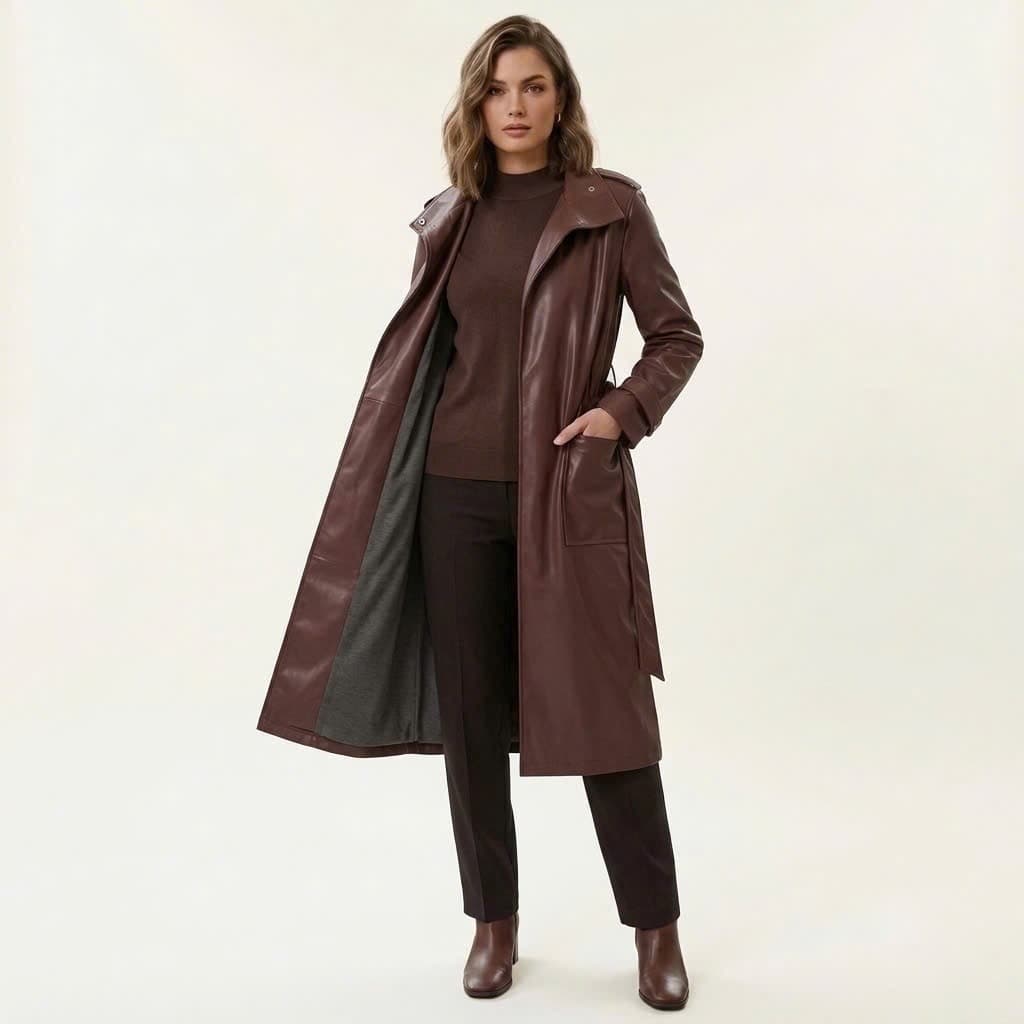 [ Hiền BigSize] Áo Khoác Măng Tô Da Dáng Dài Nữ Kèm Đai Lưng Phong Cách Hàn Quốc - Áo Trench Coat Da Nâu Thu Đông