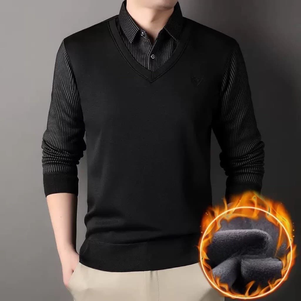 Áo Len Nam Trung Niên Lót Nỉ Nhung Ấm Áp Phối Cổ Sơ Mi Sang Trọng, Lịch Sự