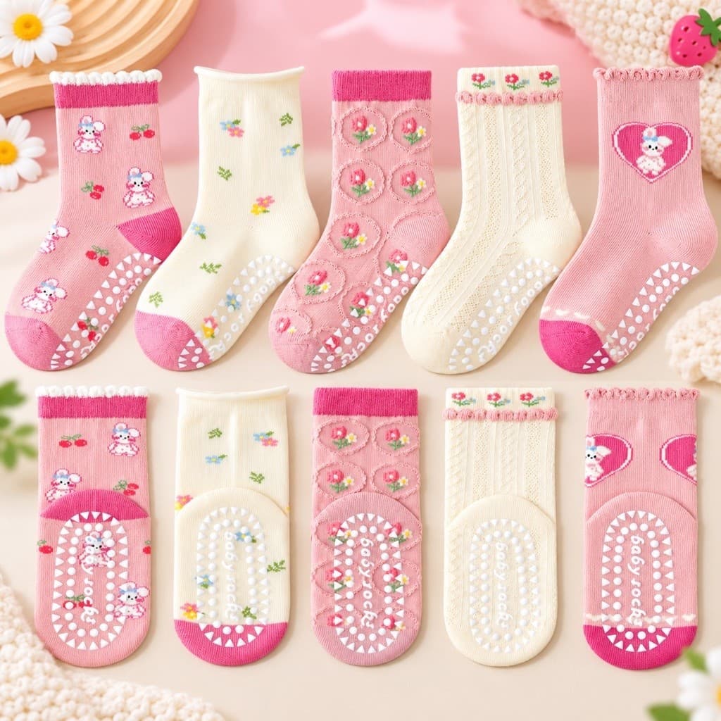 Tất Chống Trơn Trượt Cho Bé 1-12 tuổi  Chất Cotton Mềm Mại Hoạ Tiết Màu Hồng