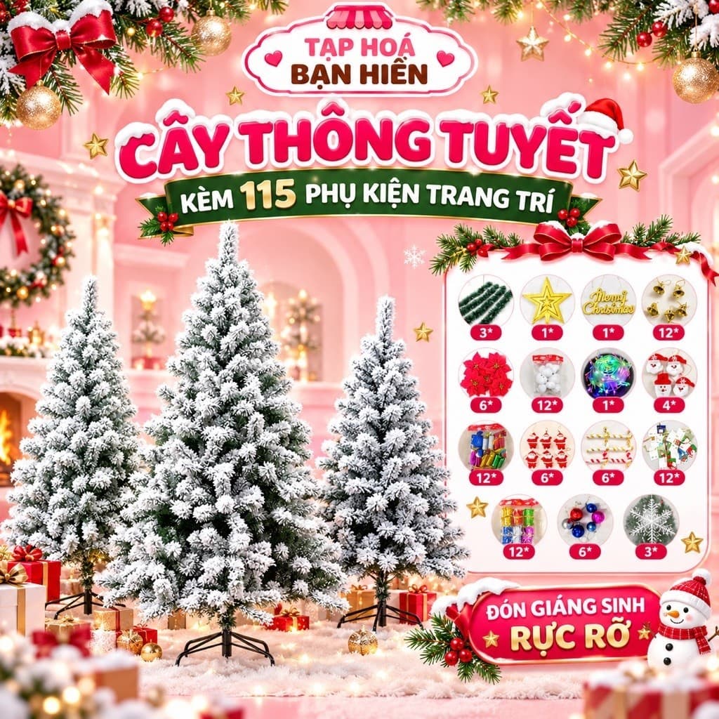 Cây Thông Noel Phủ Tuyết Trắng 12 Tán, Cây Thông Giáng Sinh Trang Trí Nhà Cửa Cửa Hàng, Size M5 M8 (có sỉ )