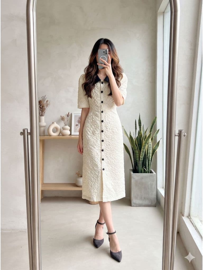 [2hand] Đầm voan xốp 2 lớp trắng kem cúc bọc dáng dài size M L