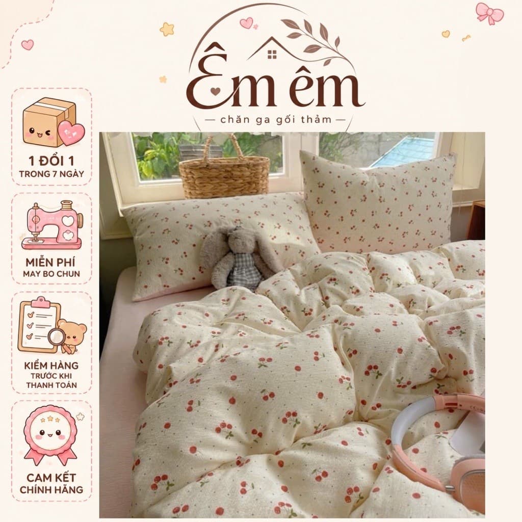 Bộ vỏ chăn ga cotton đũi in hoa 4 món,vỏ chăn có khoá kéo thích hợp dùng 4 mùa
