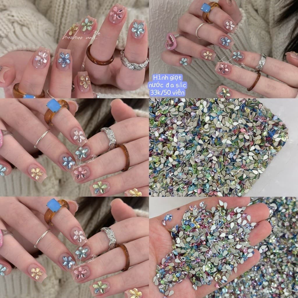 Đá nail giọt nước đa sắc, đính hoa 5 cánh trang trí móng – Gói 50 viên