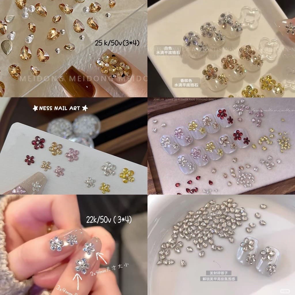 Đá nail giọt nước nhiều màu 3x4mm, đính hoa 5 cánh trang trí móng – Gói 50 viên