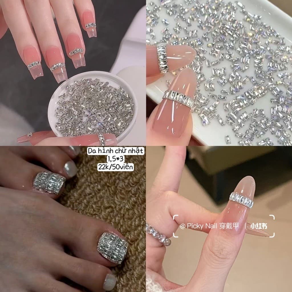 Hạt đính móng đá vuông kích thước 1.5x3mm 50 viên phụ kiện làm móng trang trí