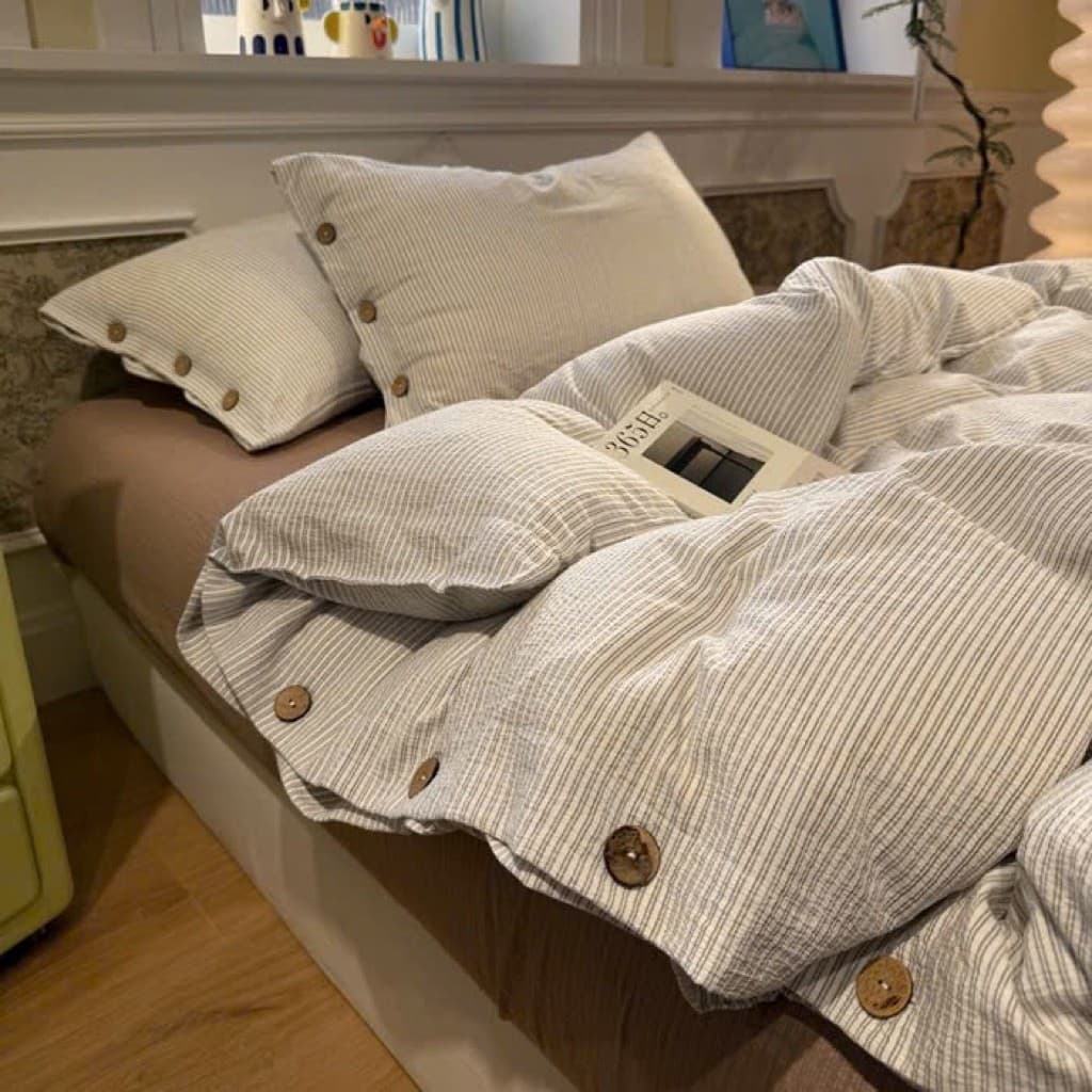 (Tặng ôm) Bộ Chăn Ga Gối Cotton Đũi Khuy Cao Cấp Set 4 Món Vỏ Chăn Lồng Ruột Thoáng Mát